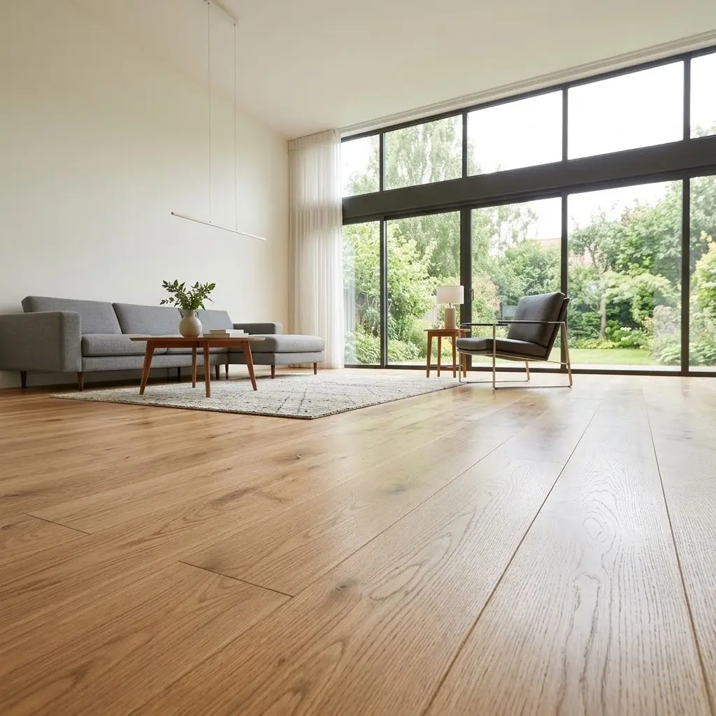 Light hardwood floors in a modern living room with large windows.