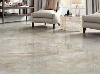 Polished neutral granite floor tile in a modern living room.