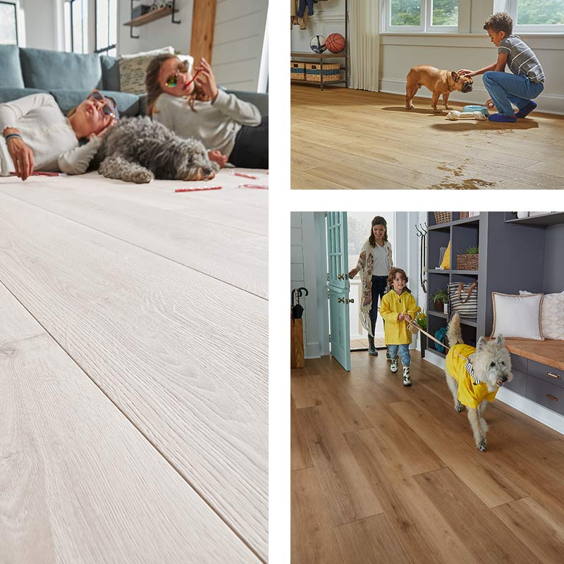 A collage showing children and dogs relaxing, spilling water, and tracking in rain on wood-look flooring.